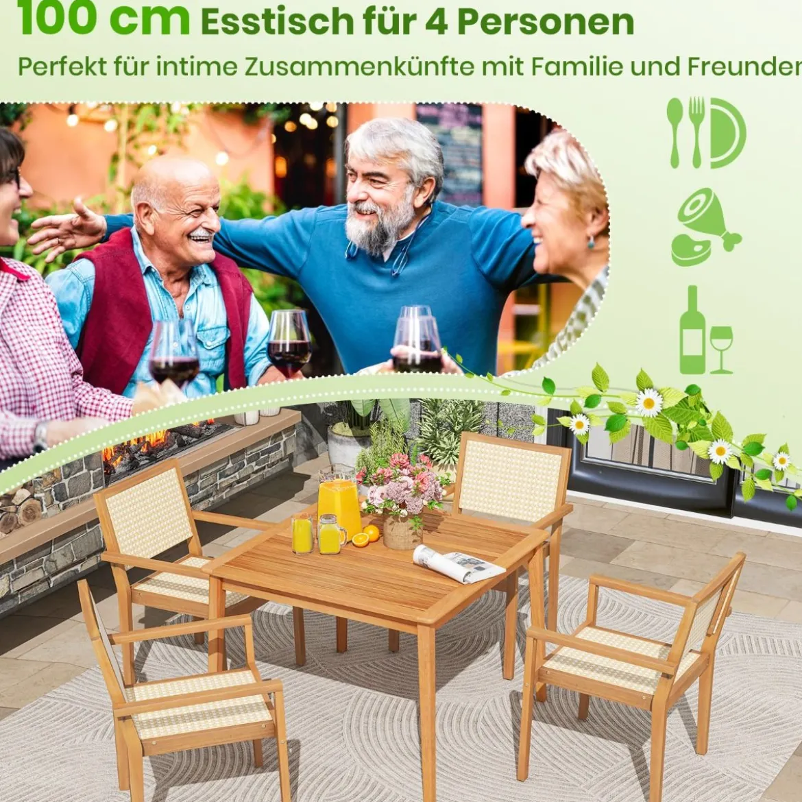 Gartentisch aus Akazienholz mit Schirmloch Terrassentisch Quadratischer Balkontisch