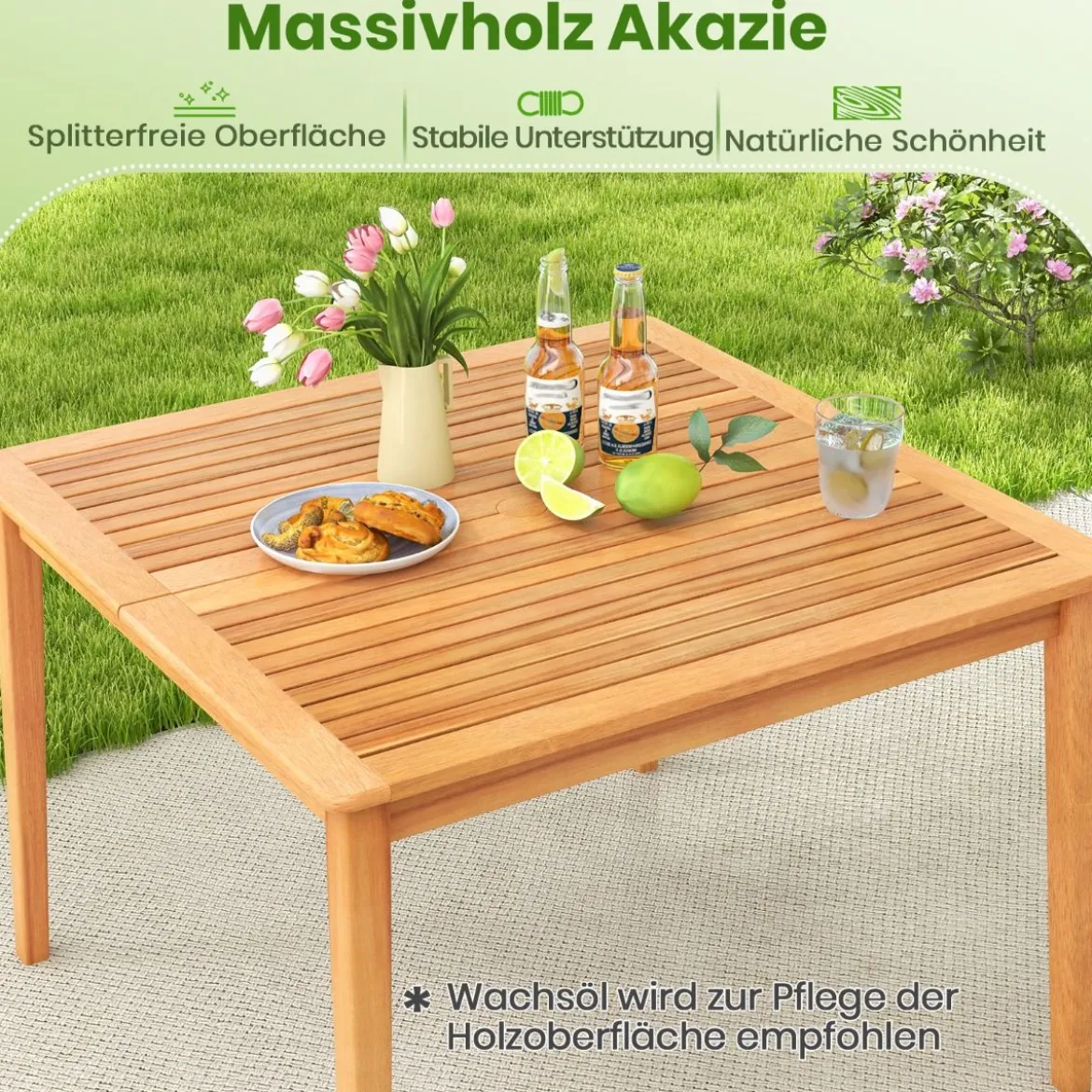 Gartentisch aus Akazienholz mit Schirmloch Terrassentisch Quadratischer Balkontisch