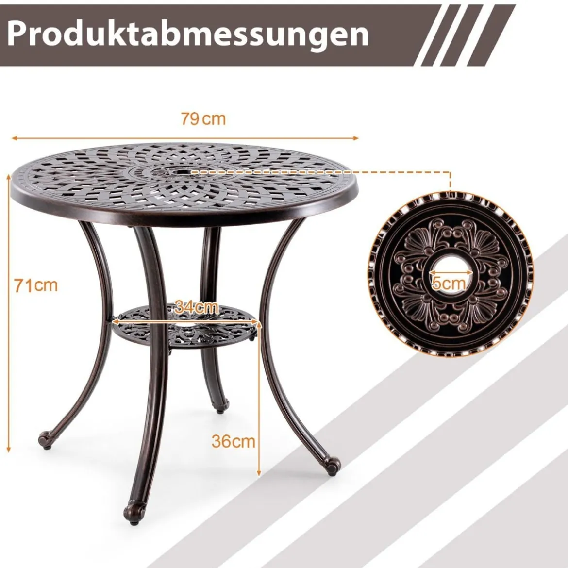 Gartentisch aus Aluminiumguss mit Schirmloch & Unterer Ablage Wetterfester Balkontisch
