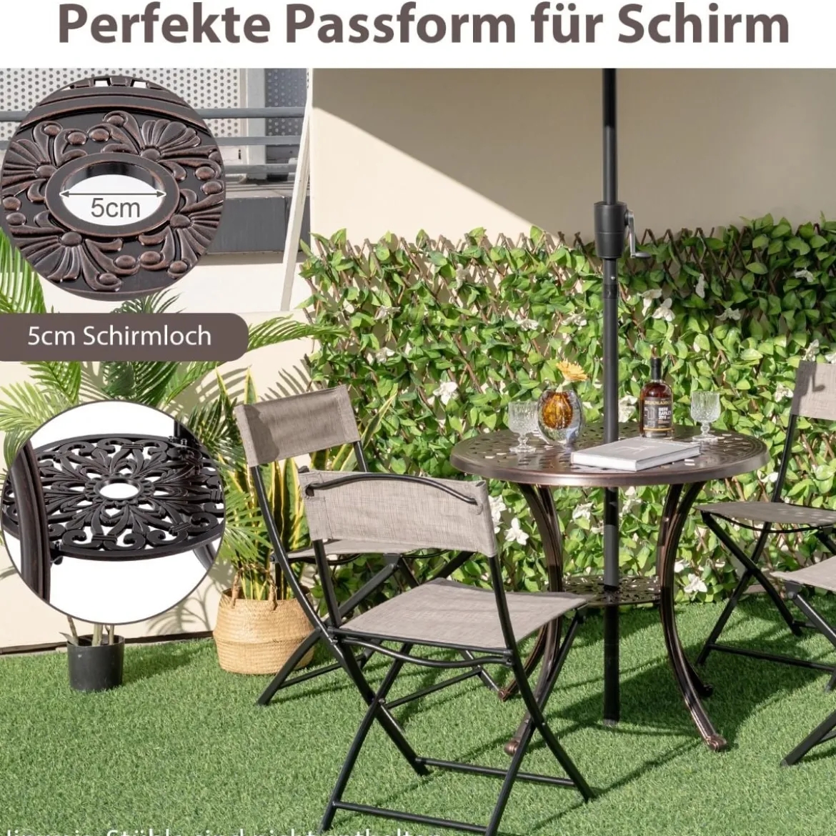 Gartentisch aus Aluminiumguss mit Schirmloch & Unterer Ablage Wetterfester Balkontisch