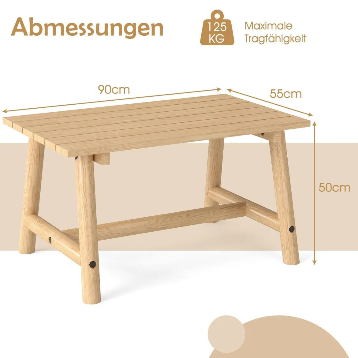 Gartentisch aus Massivholz rechteckiger Kaffeetisch mit Lattenrost Terrassentisch Balkontisch Natur