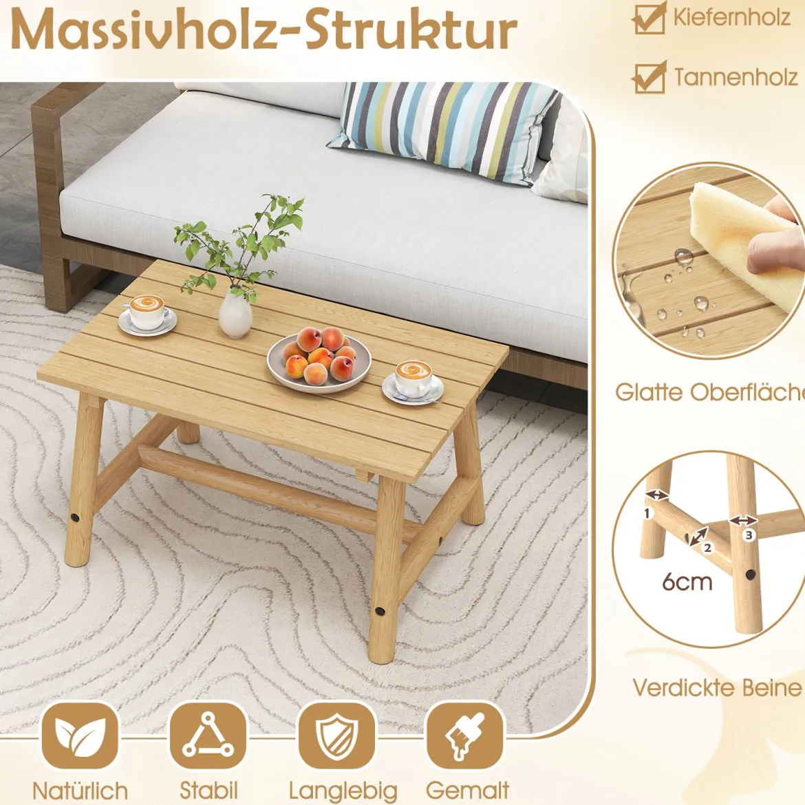 Gartentisch aus Massivholz rechteckiger Kaffeetisch mit Lattenrost Terrassentisch Balkontisch Natur
