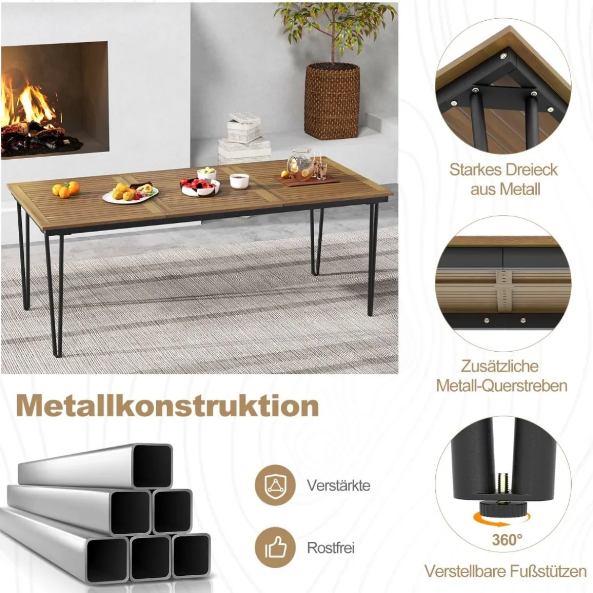 Gartentisch Biertisch mit 5cm Schirmloch Holztisch für Outdoor Hinterhof 200 x 90 x 75 cm