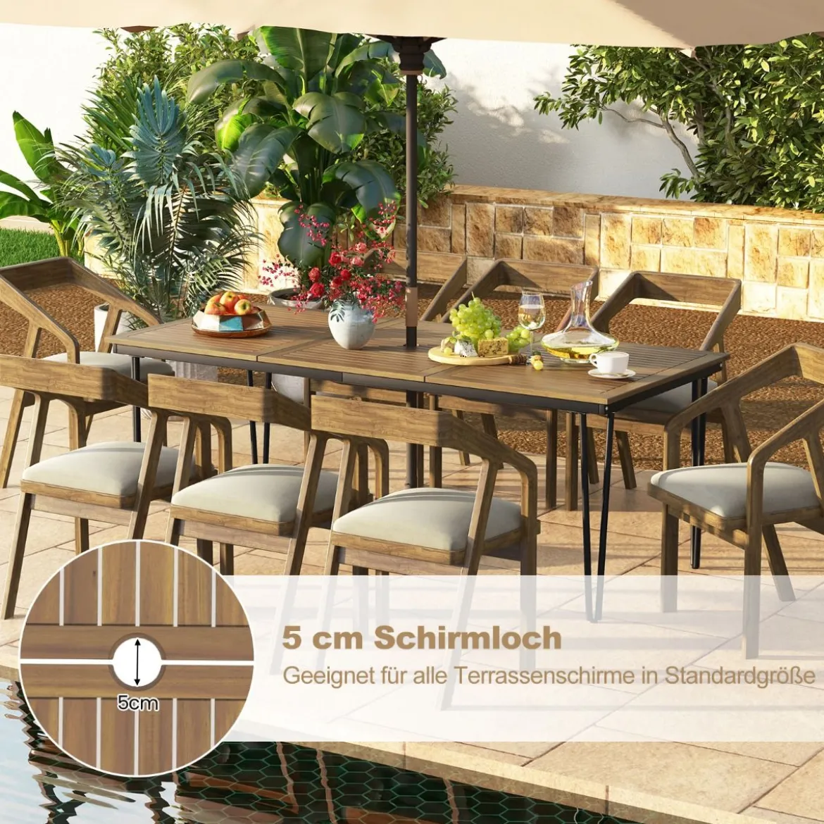 Gartentisch Biertisch mit 5cm Schirmloch Holztisch für Outdoor Hinterhof 200 x 90 x 75 cm