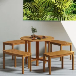 Gartentisch + 4er Gartenbank Set Ø 90 cm Klapptisch Sitzbank ohne Rückenlehne Holzbank Natur