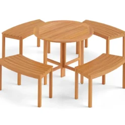 Gartentisch + 4er Gartenbank Set Ø 90 cm Klapptisch Sitzbank ohne Rückenlehne Holzbank Natur