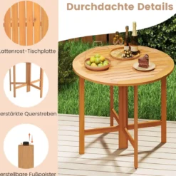 Gartentisch + 4er Gartenbank Set Ø 90 cm Klapptisch Sitzbank ohne Rückenlehne Holzbank Natur