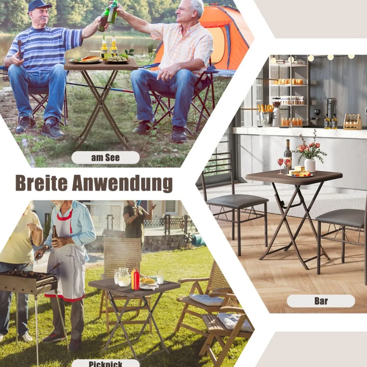 Gartentisch in Rattan-Optik mit HDPE-Tischplatte Klappbarer Balkontisch Quadratischer Campingtisch