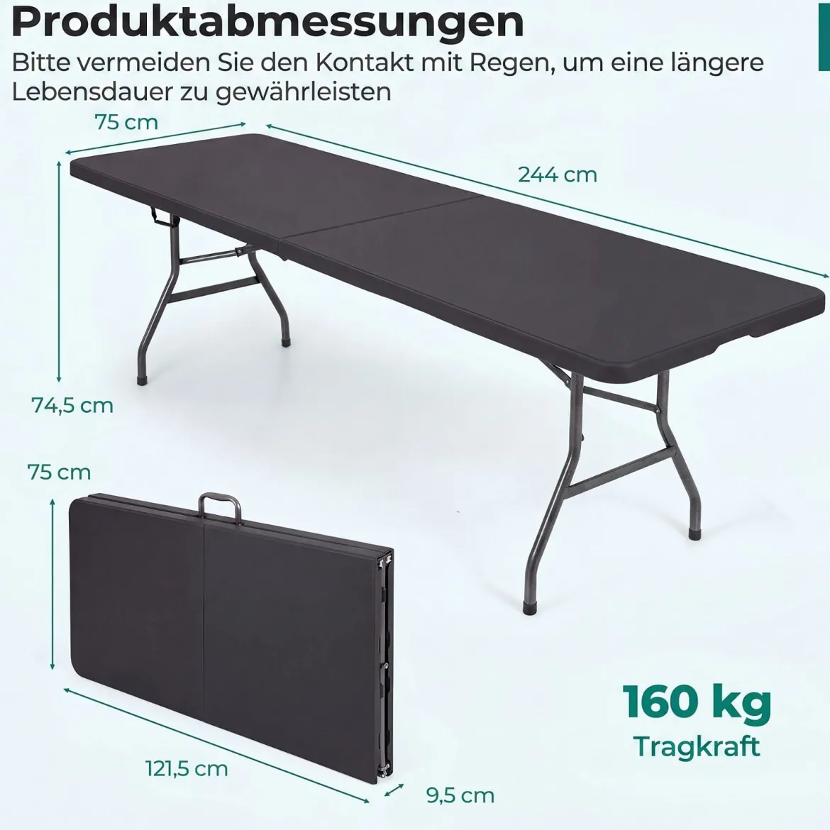 Gartentisch Klappbar 244 x 75 cm Campingtisch mit Tragegriff XXL für 10 Personen Schwarz