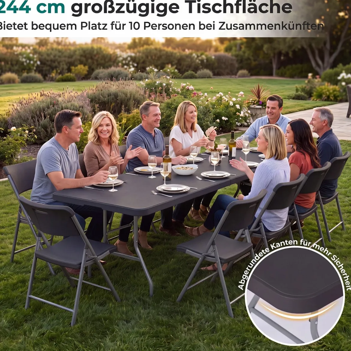 Gartentisch Klappbar 244 x 75 cm Campingtisch mit Tragegriff XXL für 10 Personen Schwarz