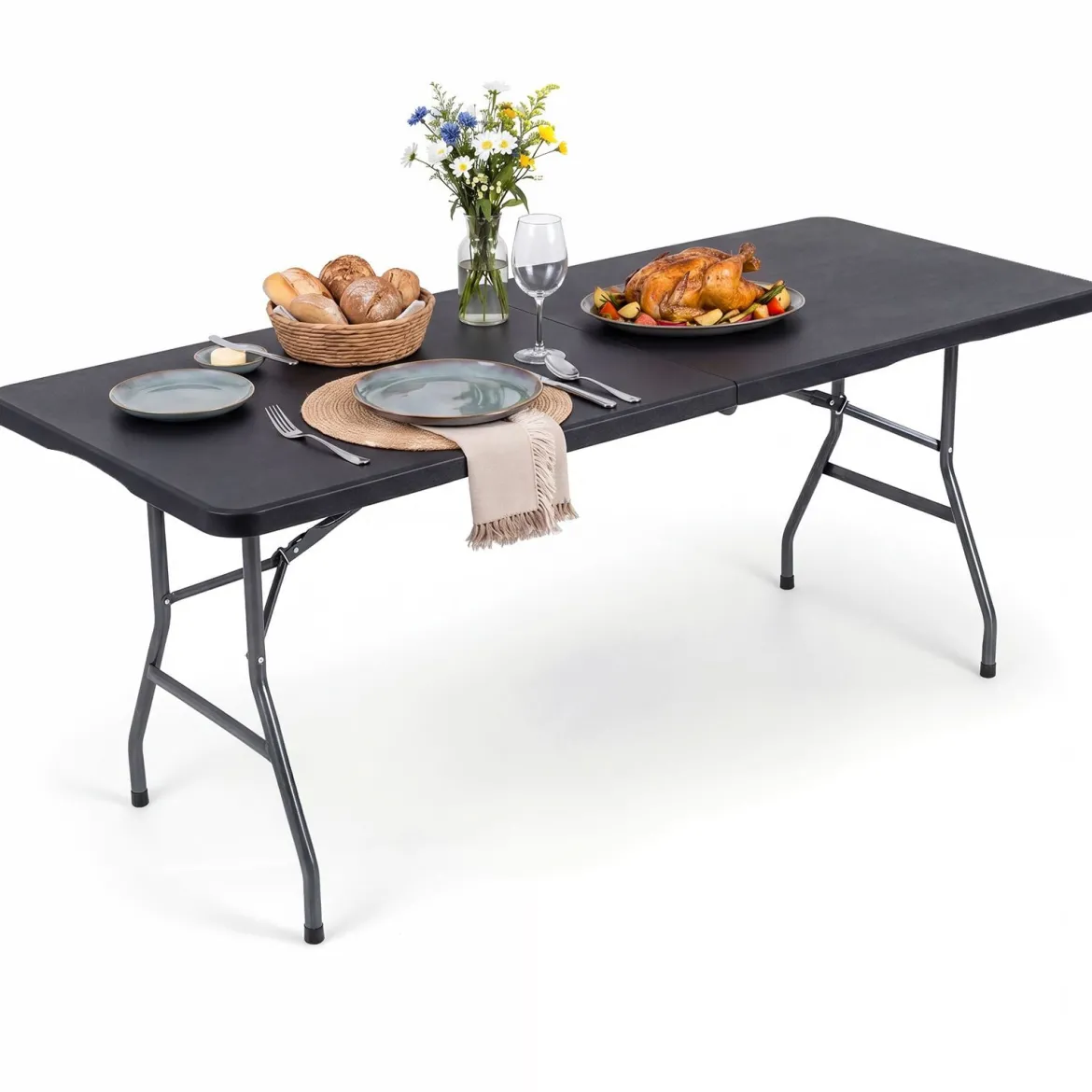 Gartentisch Klappbar 180 x 74 cm Campingtisch mit HDPE-Tischplatte & Tragegriff Schwarz