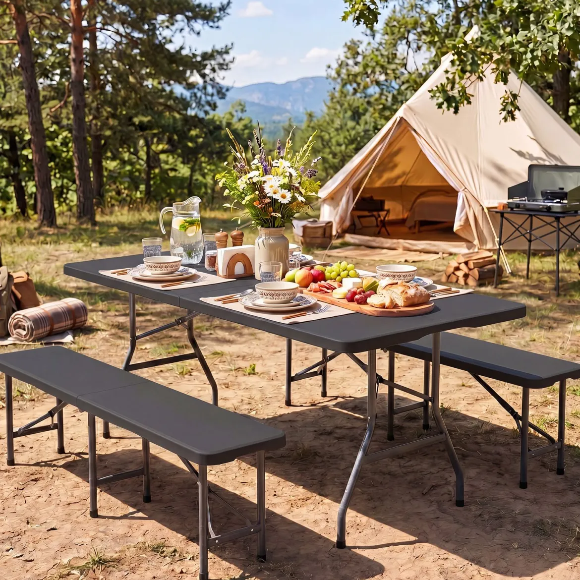 Gartentisch Klappbar 180 x 74 cm Campingtisch mit HDPE-Tischplatte & Tragegriff Schwarz