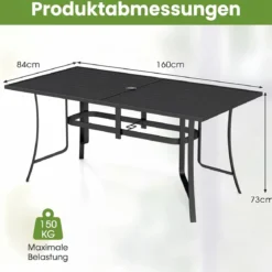 Gartentisch Metall Balkontisch mit Sonnenschirmloch Quadratischer Terrassentisch für 6 Personen