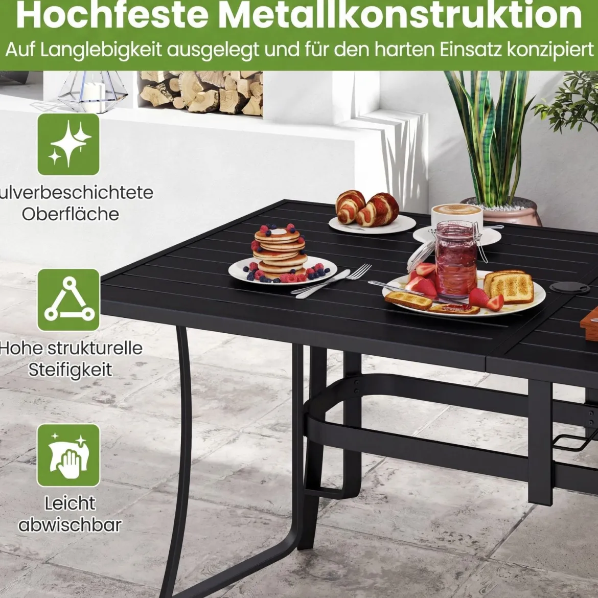 Gartentisch Metall Balkontisch mit Sonnenschirmloch Quadratischer Terrassentisch für 6 Personen
