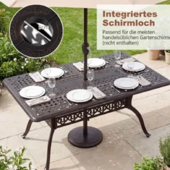 Gartentisch mit Schirmloch aus Aluminiumguss Wetterfester Terrassentisch Balkontisch 150 x 90 cm
