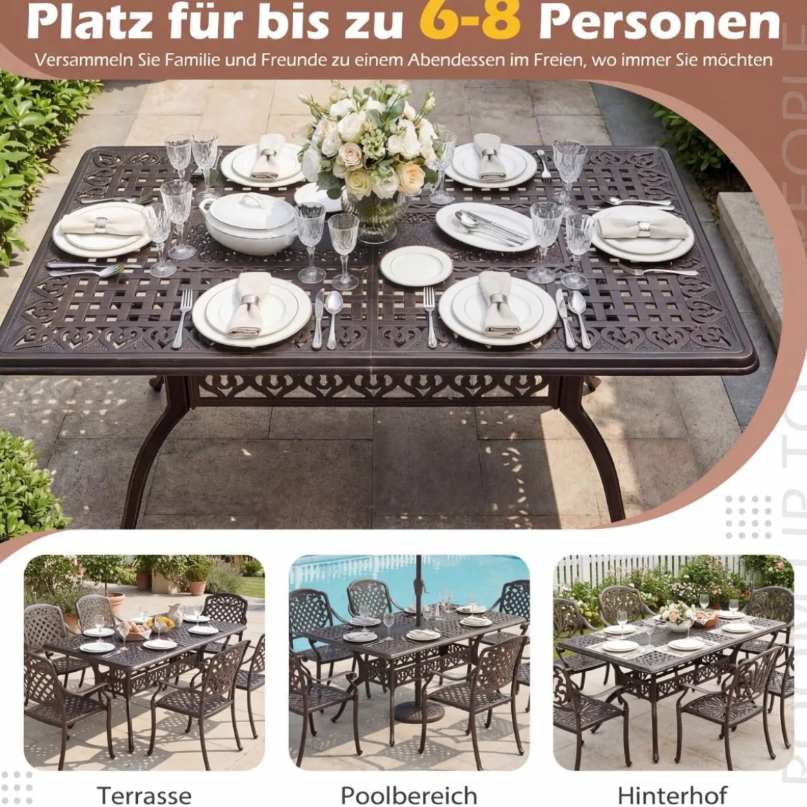 Gartentisch mit Schirmloch aus Aluminiumguss Wetterfester Terrassentisch Balkontisch 150 x 90 cm