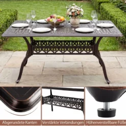 Gartentisch mit Schirmloch aus Aluminiumguss Wetterfester Terrassentisch Balkontisch 150 x 90 cm