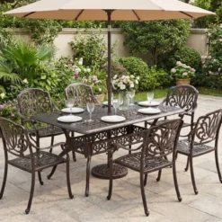Gartentisch mit Schirmloch aus Aluminiumguss Wetterfester Terrassentisch Balkontisch 150 x 90 cm
