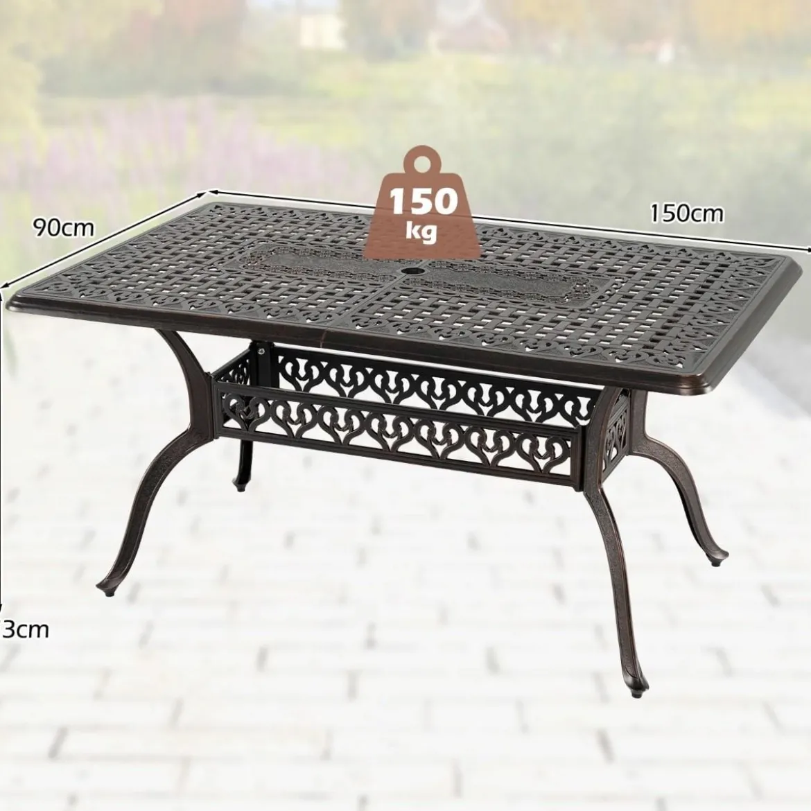 Gartentisch mit Schirmloch aus Aluminiumguss Wetterfester Terrassentisch Balkontisch 150 x 90 cm