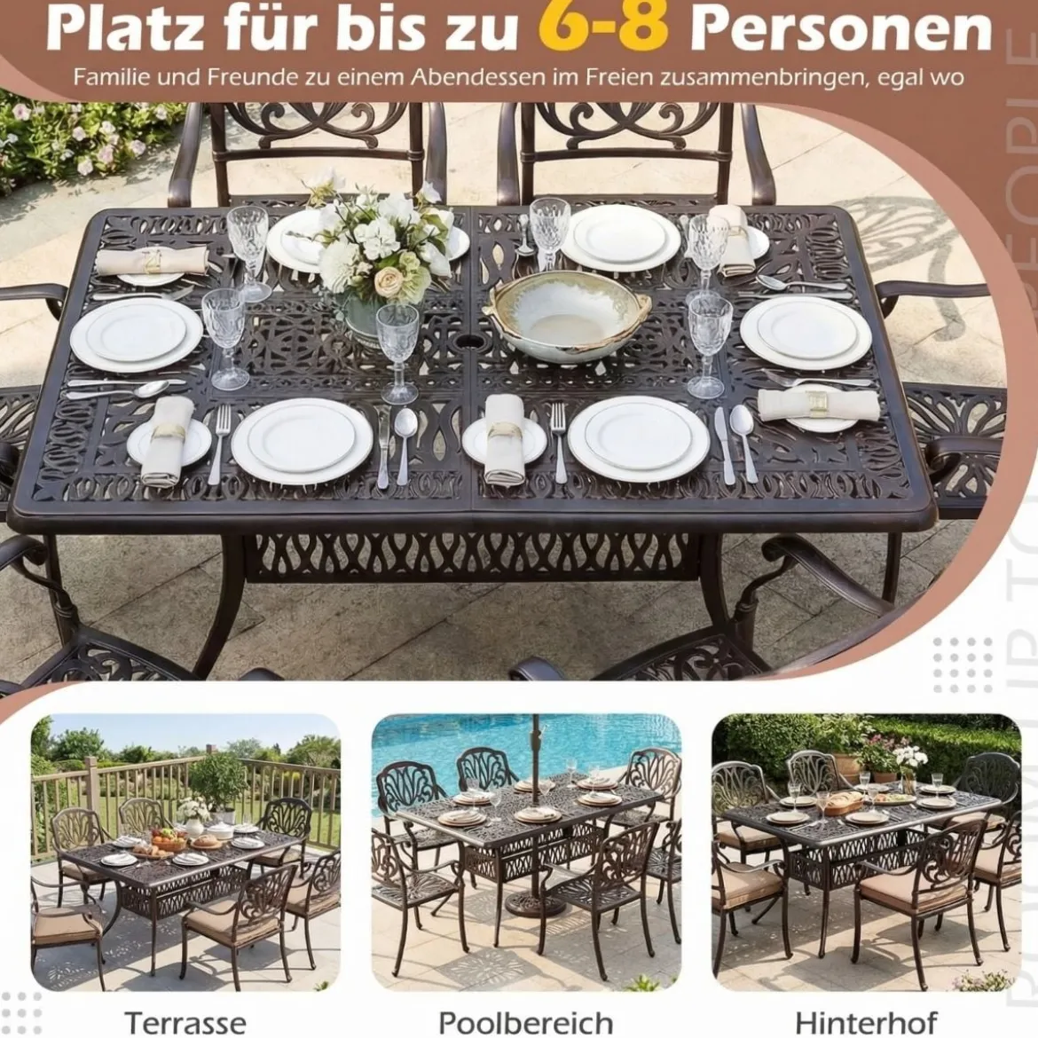 Gartentisch mit Schirmloch aus Aluminiumguss Wetterfester Terrassentisch Balkontisch 151 x 91 cm