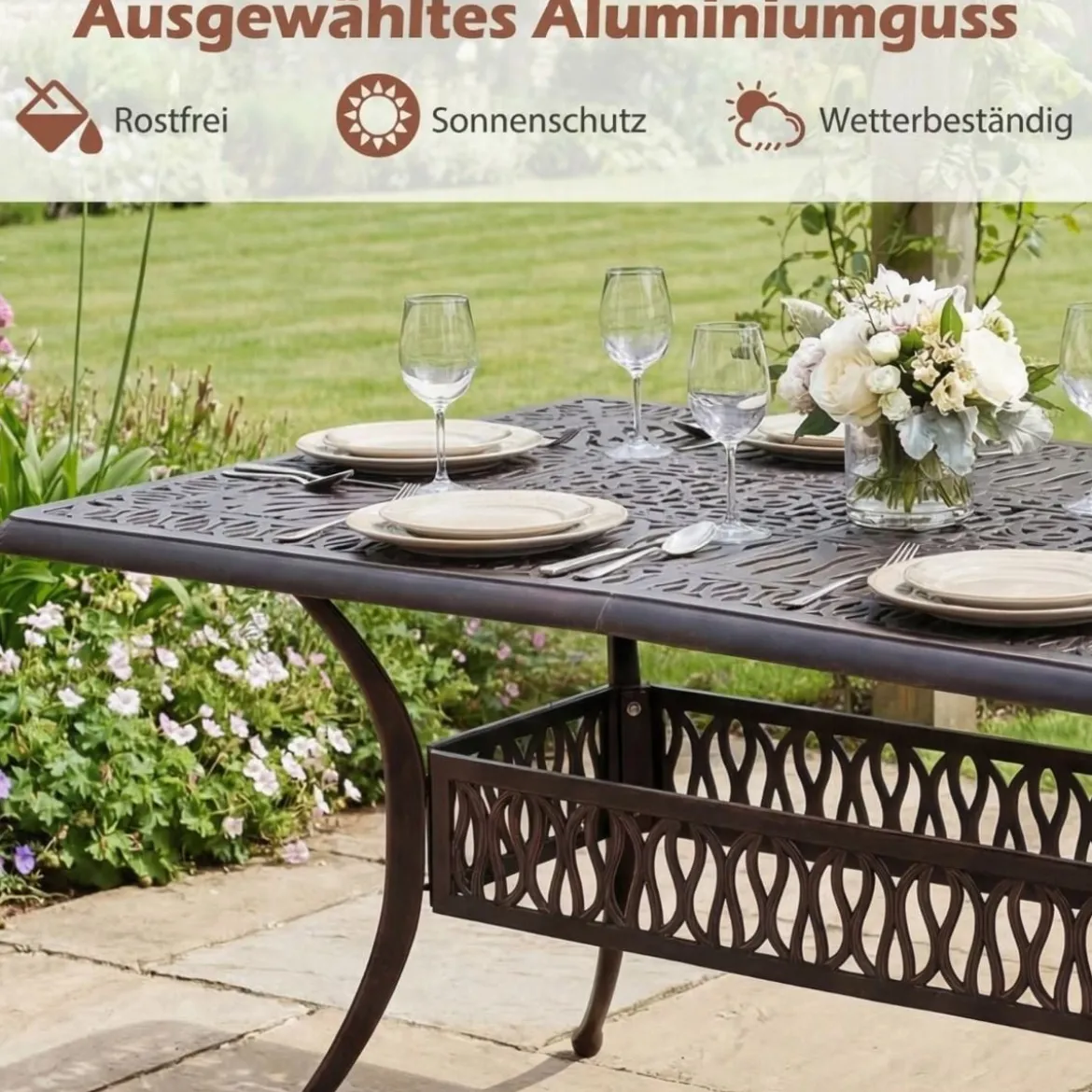 Gartentisch mit Schirmloch aus Aluminiumguss Wetterfester Terrassentisch Balkontisch 151 x 91 cm