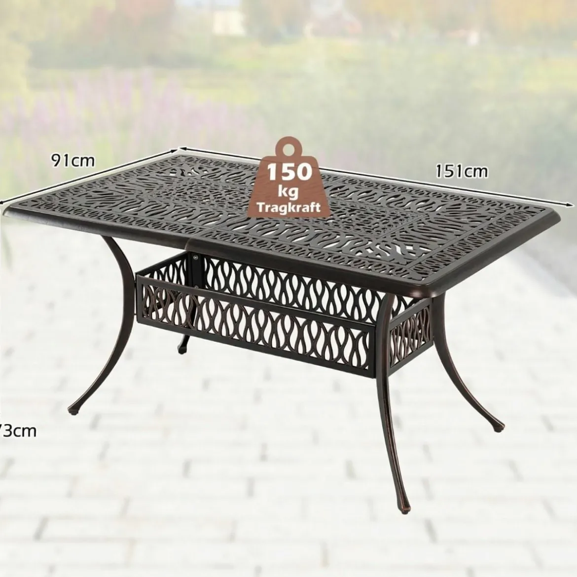 Gartentisch mit Schirmloch aus Aluminiumguss Wetterfester Terrassentisch Balkontisch 151 x 91 cm