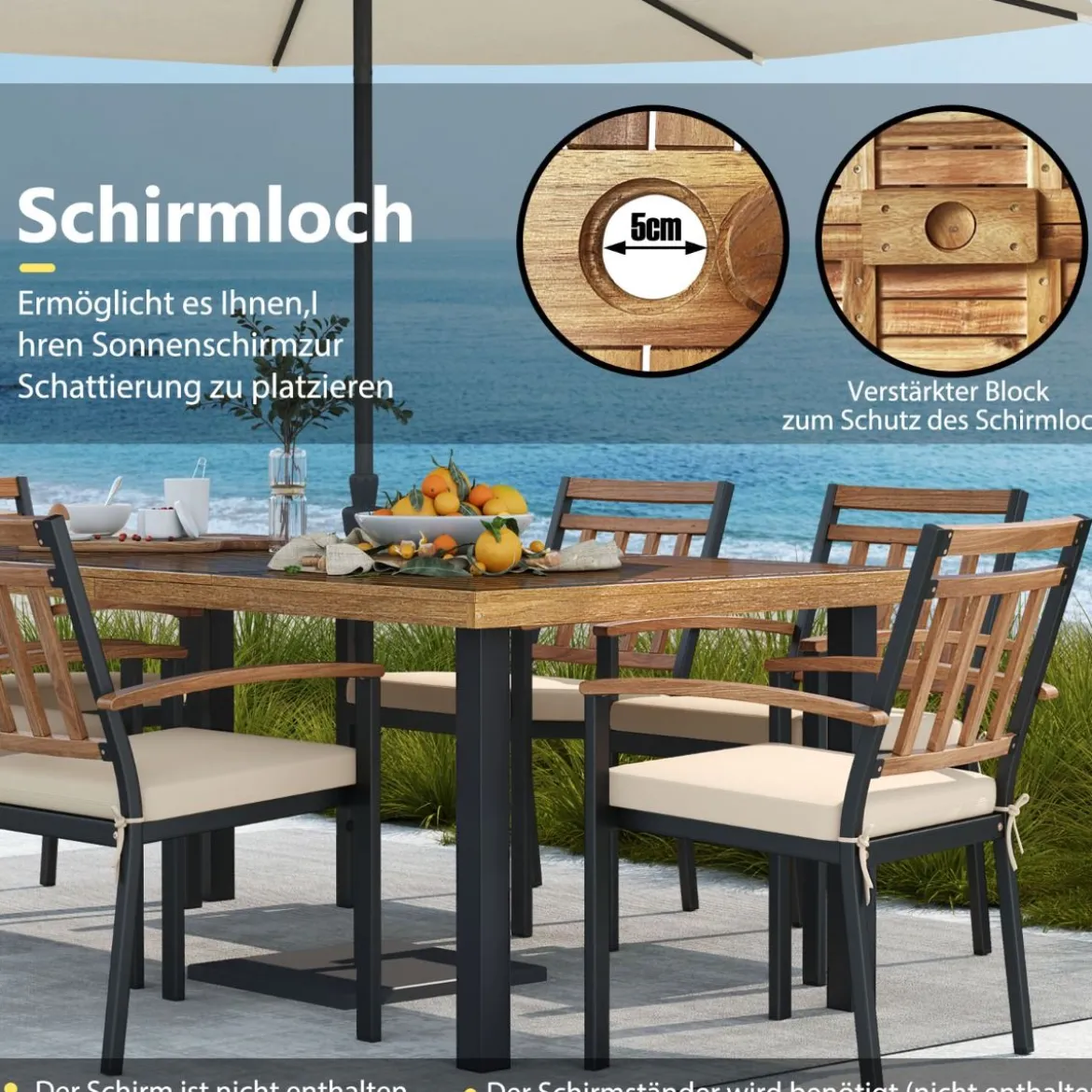 Gartentisch mit Schirmloch für 8 Personen Großer Terrassentisch aus Akazienholz Esstisch