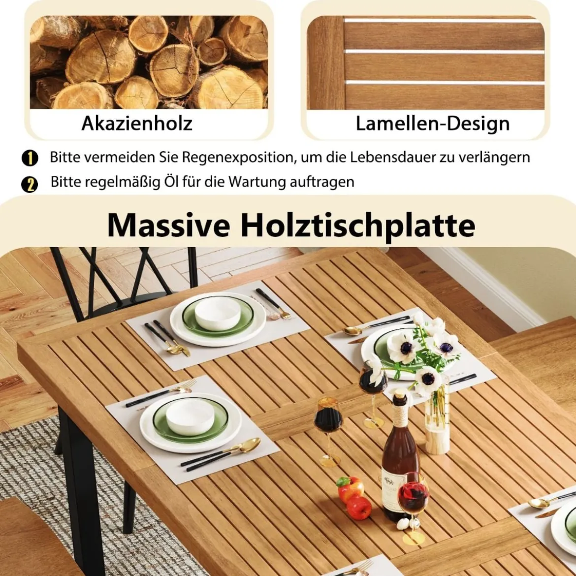 Gartentisch mit Schirmloch für 8 Personen Großer Terrassentisch aus Akazienholz Esstisch