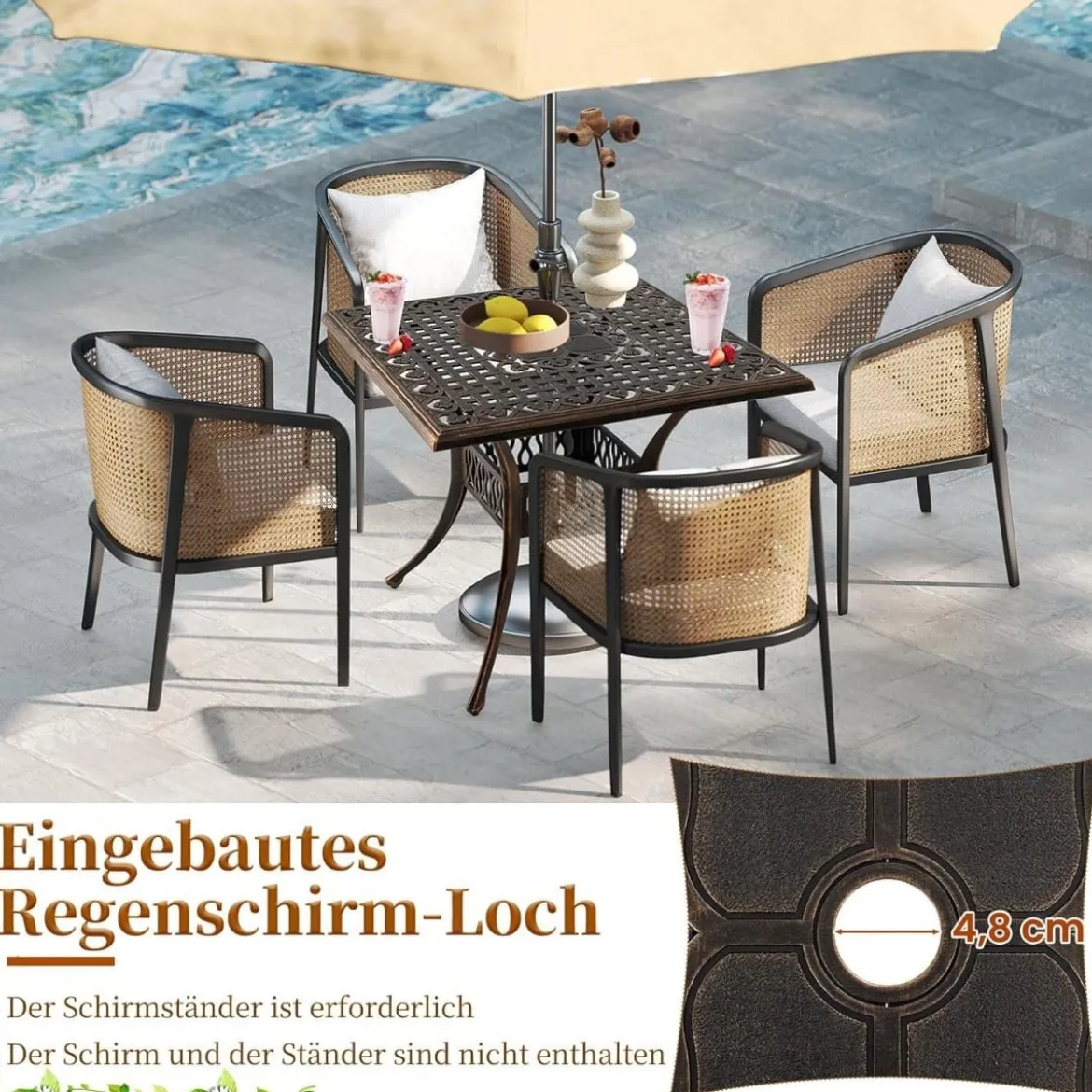 Gartentisch mit Schirmloch Quadratischer Balkontisch Wetterfester Terrassentisch