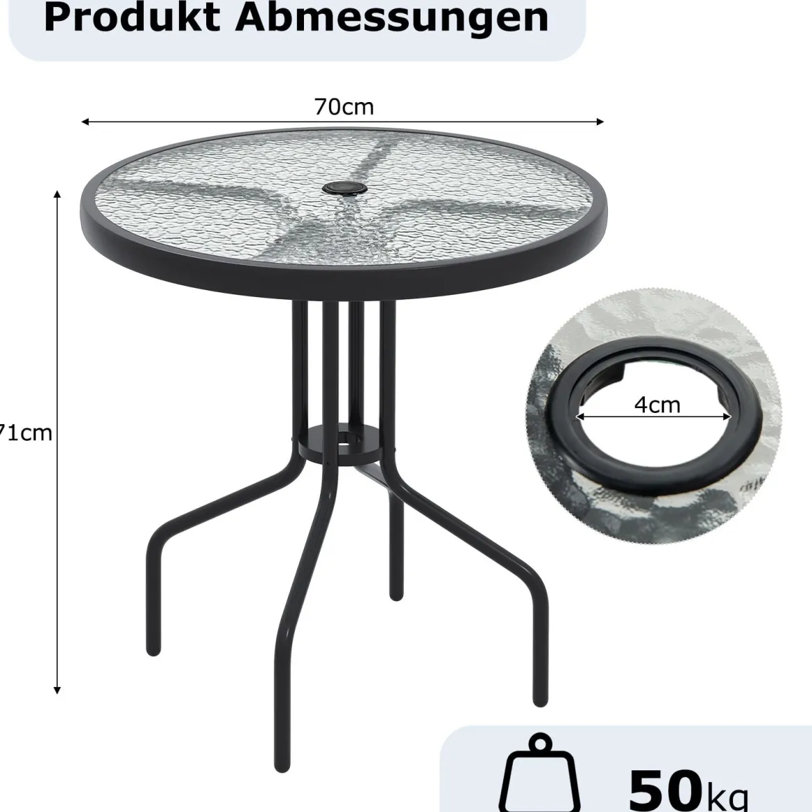Gartentisch mit Schirmloch 70x70x71cm Bistrotisch mit Tischplatte aus gehärtetem Glas