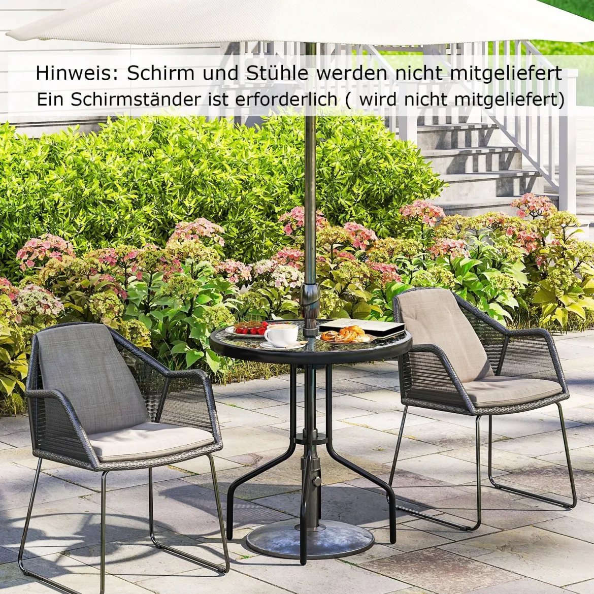 Gartentisch mit Schirmloch 70x70x71cm Bistrotisch mit Tischplatte aus gehärtetem Glas