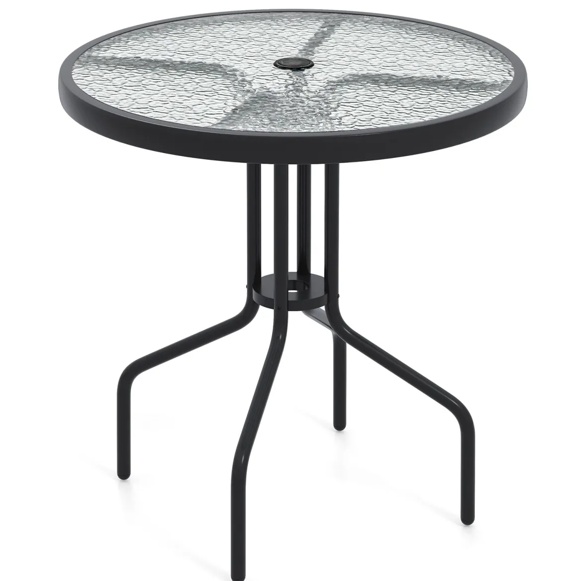 Gartentisch mit Schirmloch 70x70x71cm Bistrotisch mit Tischplatte aus gehärtetem Glas