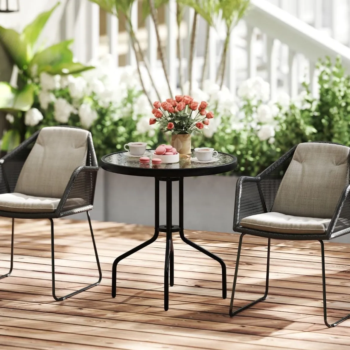 Gartentisch mit Schirmloch 70x70x71cm Bistrotisch mit Tischplatte aus gehärtetem Glas