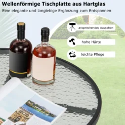 Gartentisch mit Schirmloch 70x70x71cm Bistrotisch mit Tischplatte aus gehärtetem Glas