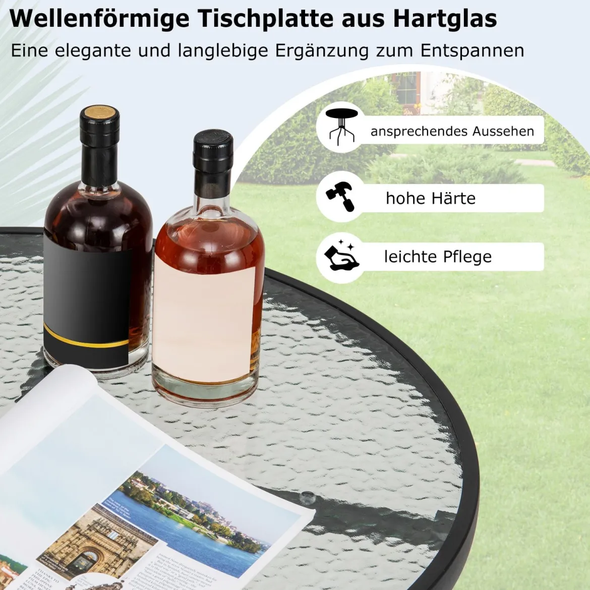 Gartentisch mit Schirmloch 70x70x71cm Bistrotisch mit Tischplatte aus gehärtetem Glas