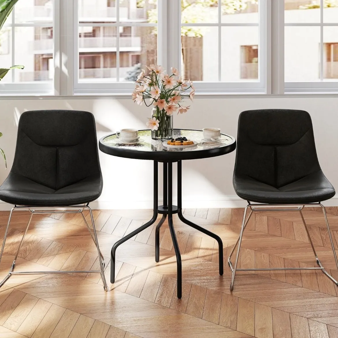 Gartentisch mit Schirmloch 70x70x71cm Bistrotisch mit Tischplatte aus gehärtetem Glas
