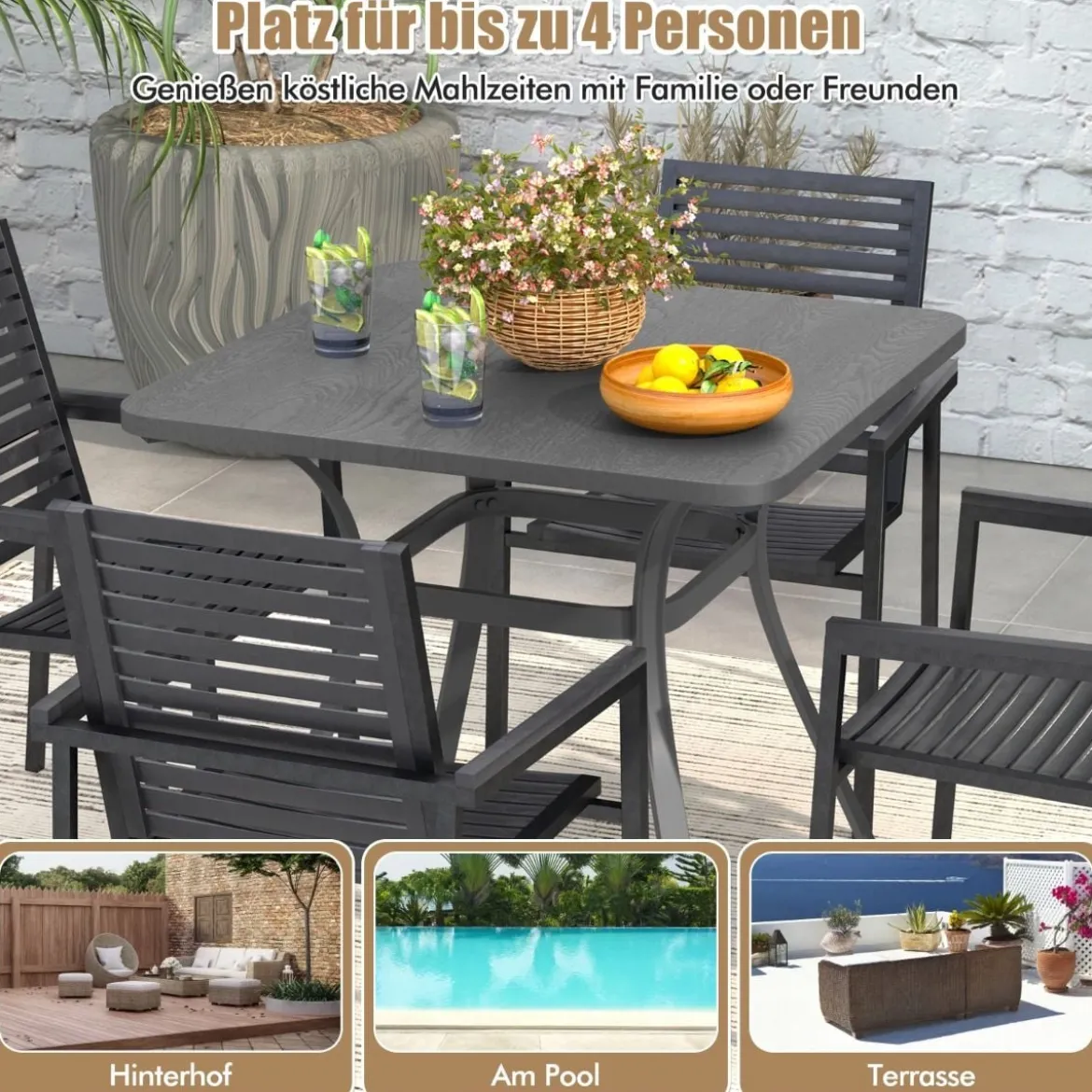 Gartentisch mit Tischplatte in Holzoptik für 4 Personen Terrassentisch Balkontisch 80 x 80 x 73 cm