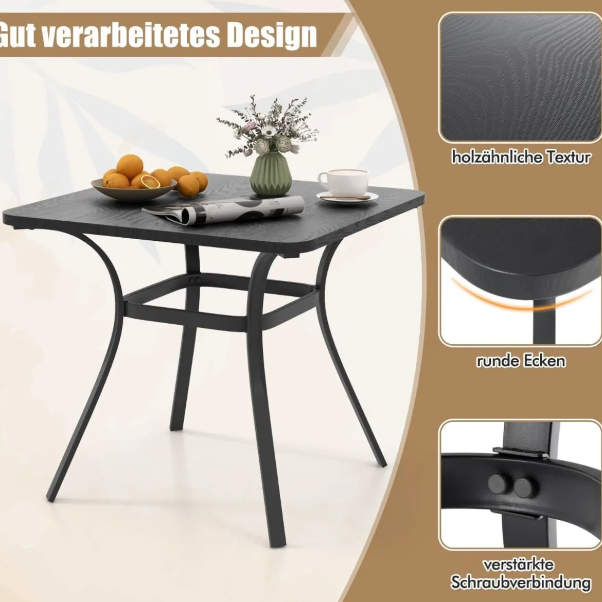 Gartentisch mit Tischplatte in Holzoptik für 4 Personen Terrassentisch Balkontisch 80 x 80 x 73 cm