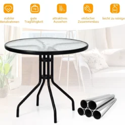 Gartentisch mit Tischplatte aus Gehärtetem Glas & Schirmloch & Metallrahmen Terrassentisch