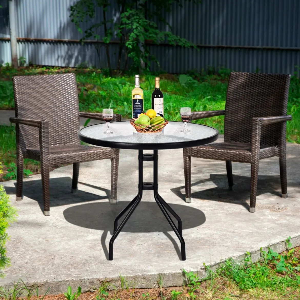 Gartentisch mit Tischplatte aus Gehärtetem Glas & Schirmloch & Metallrahmen Terrassentisch