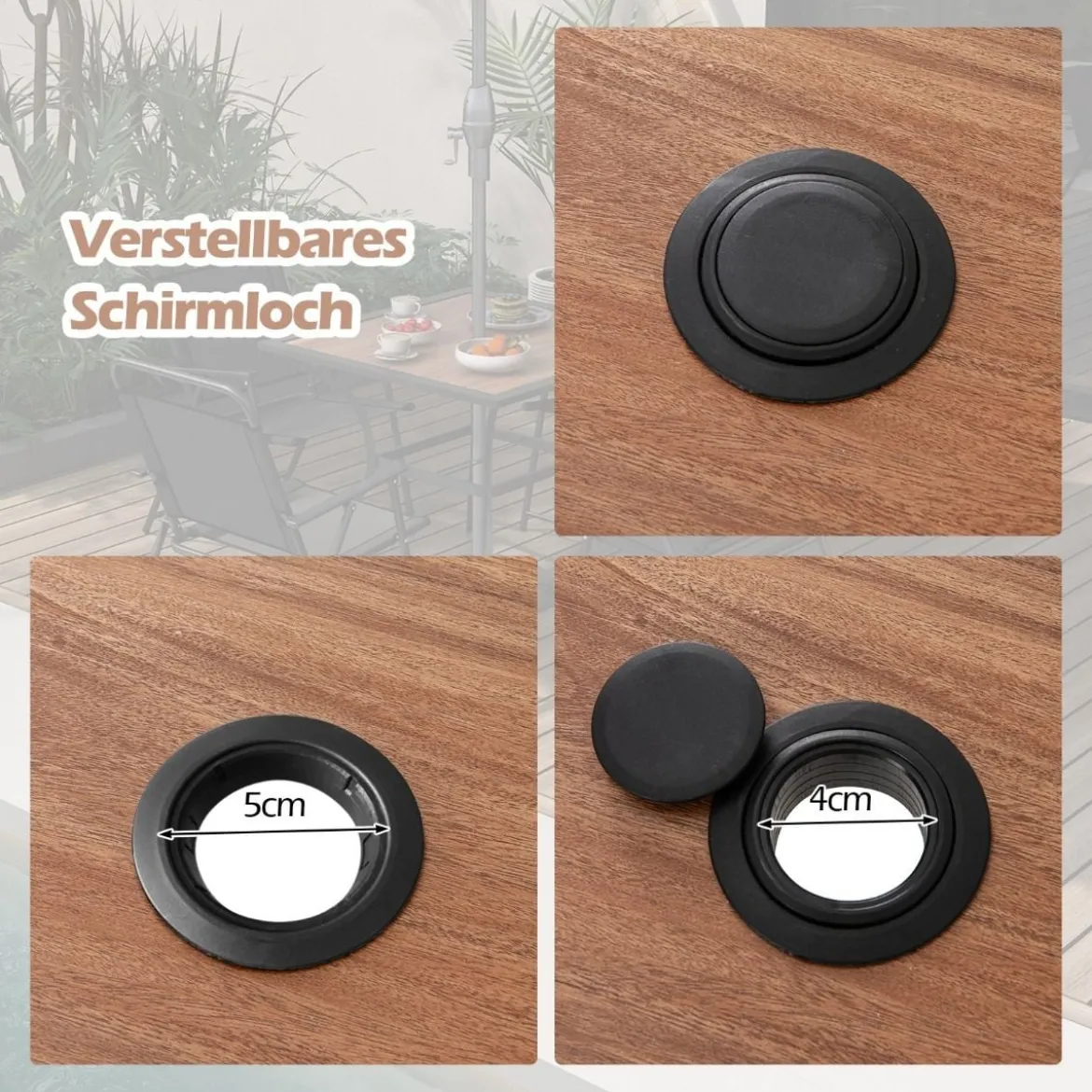 Gartentisch mit Tischplatte in Holzoptik Terrassentisch mit verstellbarem Schirmloch 85 x 85 x 74 cm