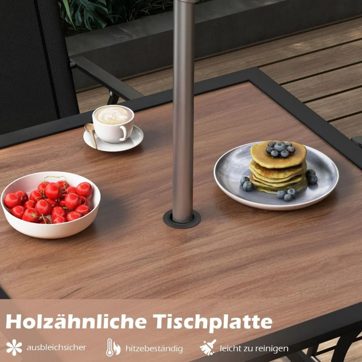 Gartentisch mit Tischplatte in Holzoptik Terrassentisch mit verstellbarem Schirmloch 85 x 85 x 74 cm