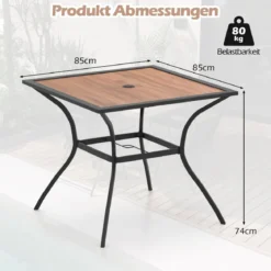 Gartentisch mit Tischplatte in Holzoptik Terrassentisch mit verstellbarem Schirmloch 85 x 85 x 74 cm