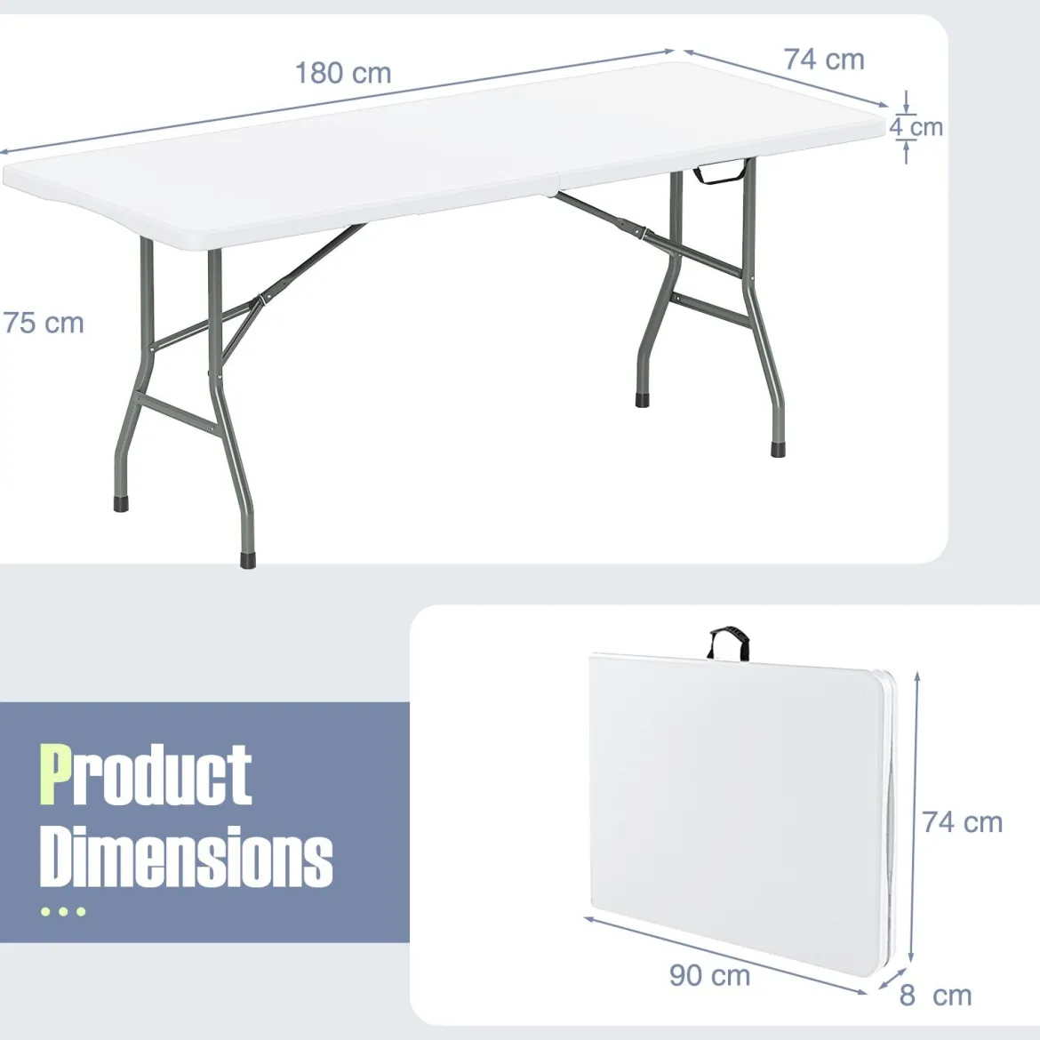 Gartentisch 180 x 74cm Campingtisch klappbar Klapptisch mit HDPE-Tischplatte & Tragegriff Weiß