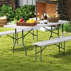 Gartentisch 180 x 74cm Campingtisch klappbar Klapptisch mit HDPE-Tischplatte & Tragegriff Weiß