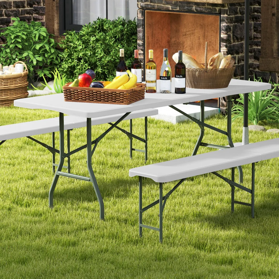 Gartentisch 180 x 74cm Campingtisch klappbar Klapptisch mit HDPE-Tischplatte & Tragegriff Weiß