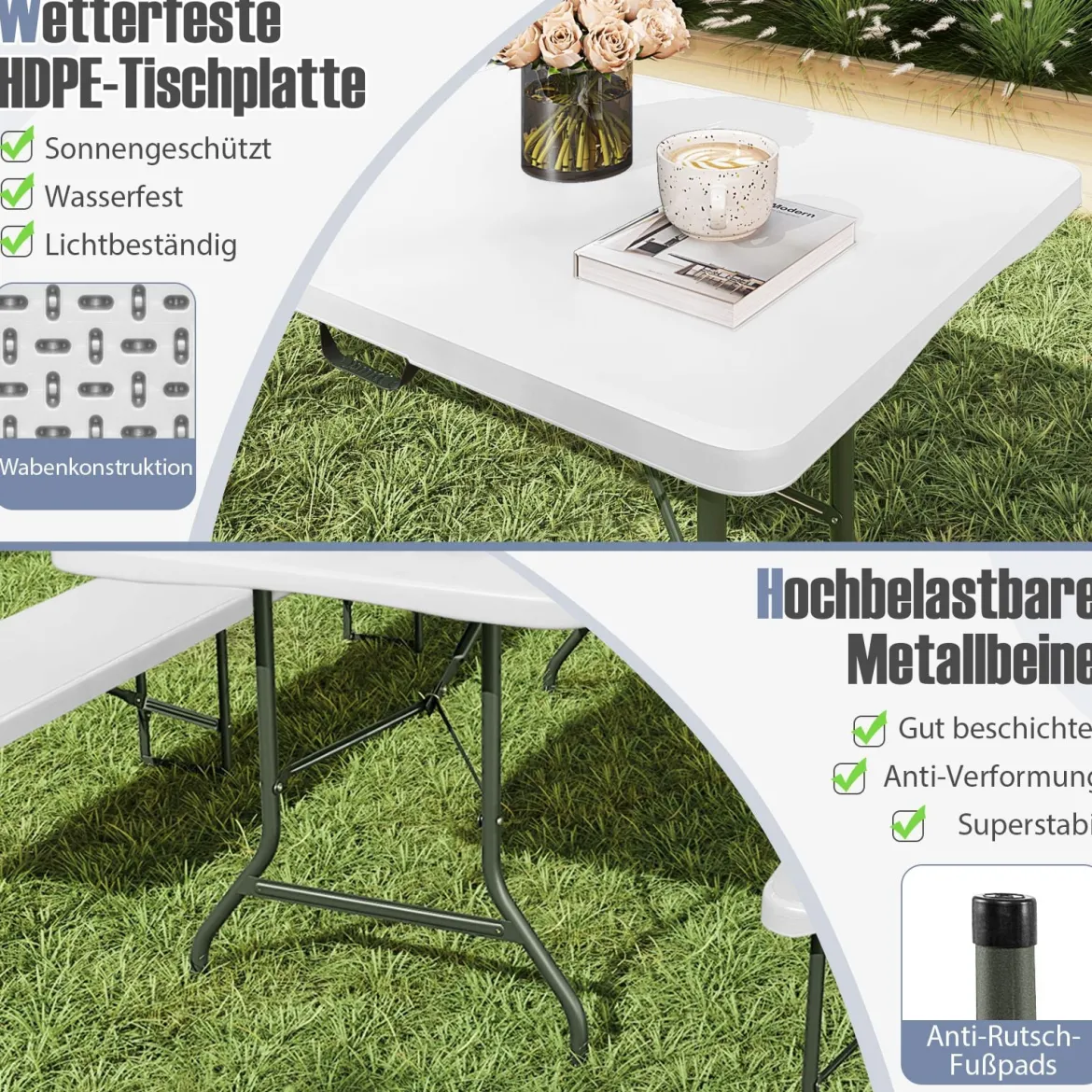 Gartentisch 180 x 74cm Campingtisch klappbar Klapptisch mit HDPE-Tischplatte & Tragegriff Weiß