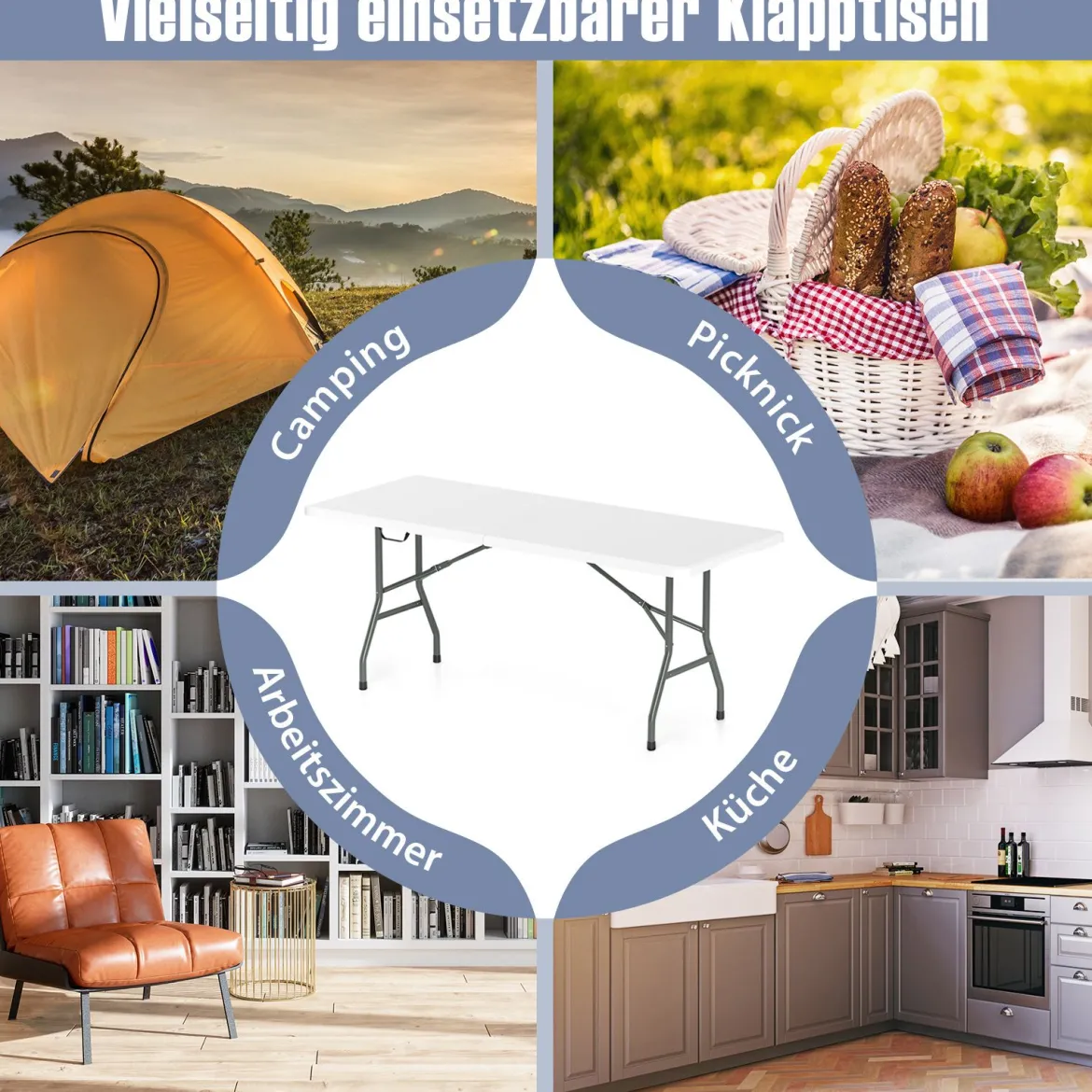 Gartentisch 180 x 74cm Campingtisch klappbar Klapptisch mit HDPE-Tischplatte & Tragegriff Weiß