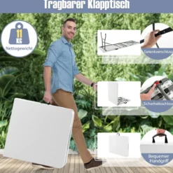Gartentisch 180 x 74cm Campingtisch klappbar Klapptisch mit HDPE-Tischplatte & Tragegriff Weiß