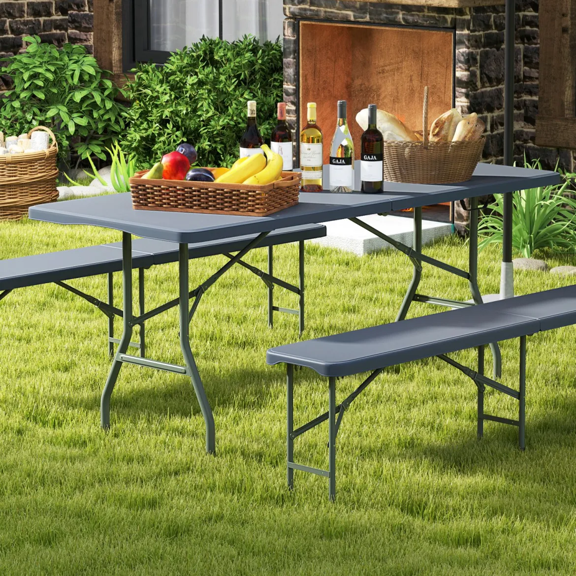 Gartentisch 180 x 74cm Campingtisch klappbar Klapptisch mit HDPE-Tischplatte & TragegriffGrau